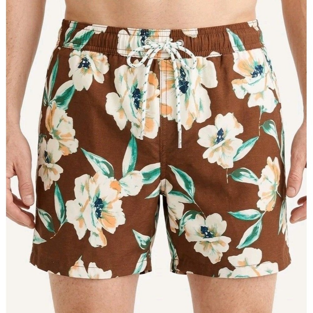 J.Crew Mens Swim Trunks M Medium Brown Floral ECONYL Regenerated Nylon 6" Inseam